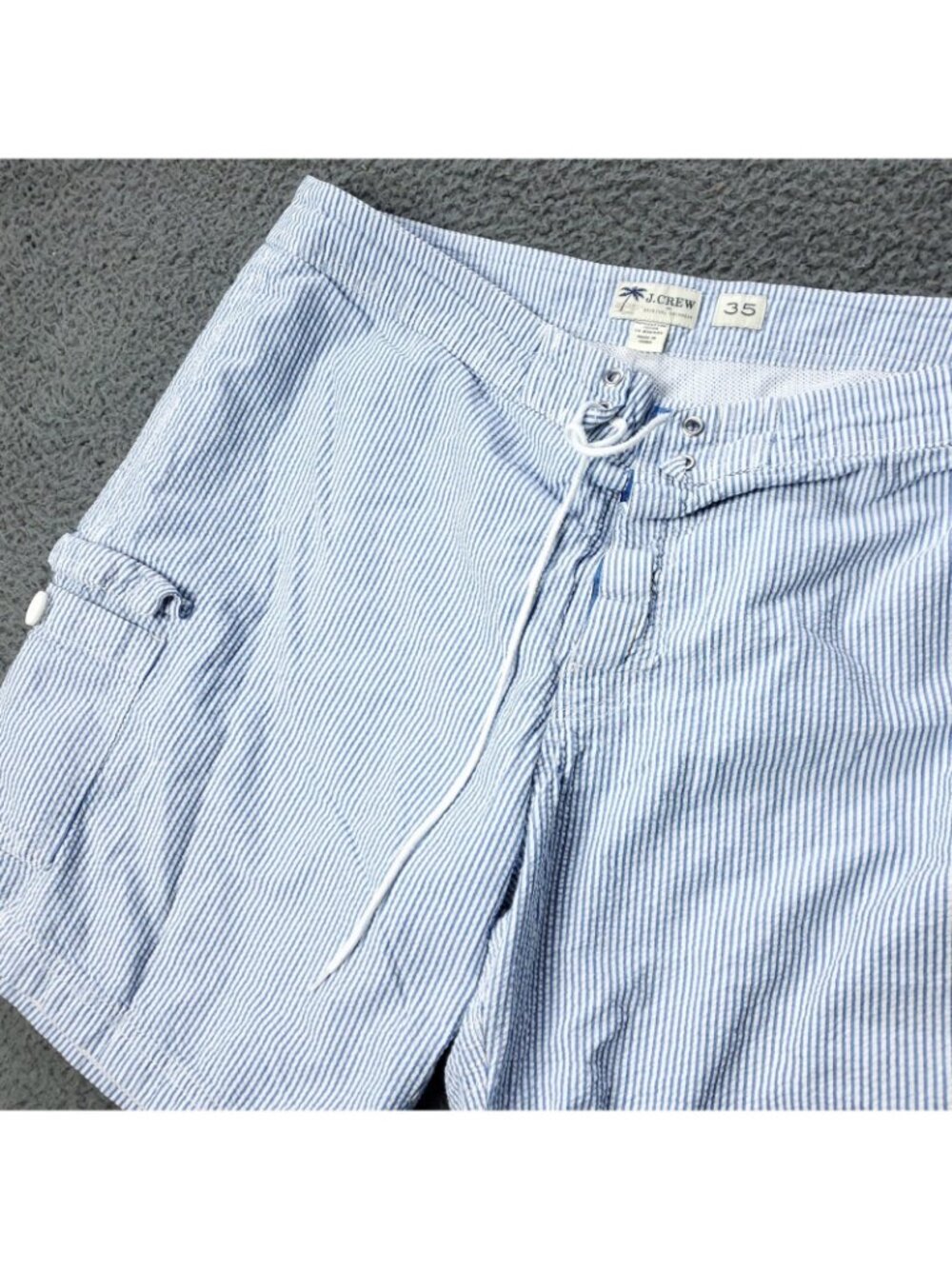J Crew Seersucker Swim Shorts Mens 35 Cargo Striped Cotton Beach Board Trunks
